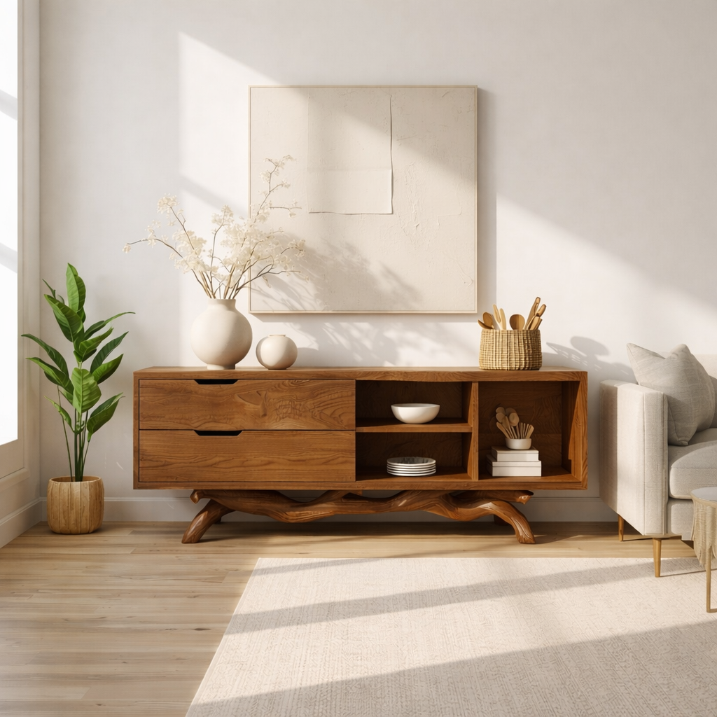 Modern Solid Wood Sideboard with Sculptural Base, Mid Century Storage Cabinet - view 6 of 8