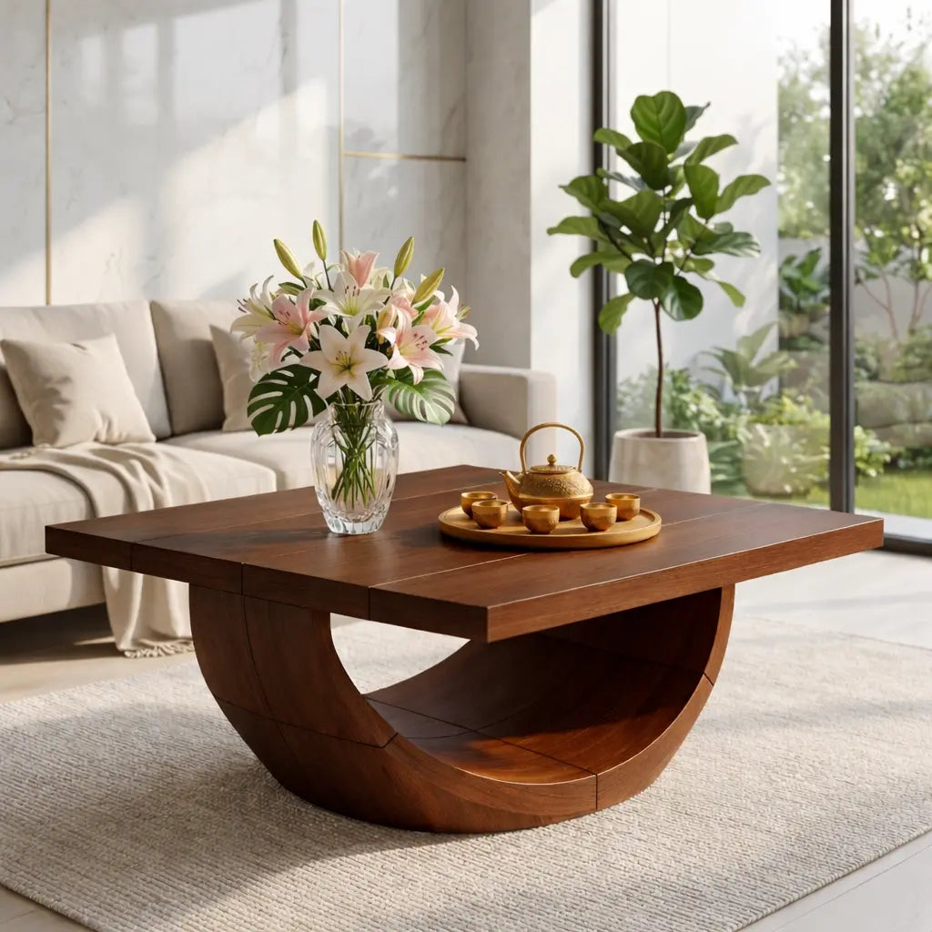 Unique Curved Wooden Coffee Table, Modern Minimalist Living Room Furniture - view 3 of 7