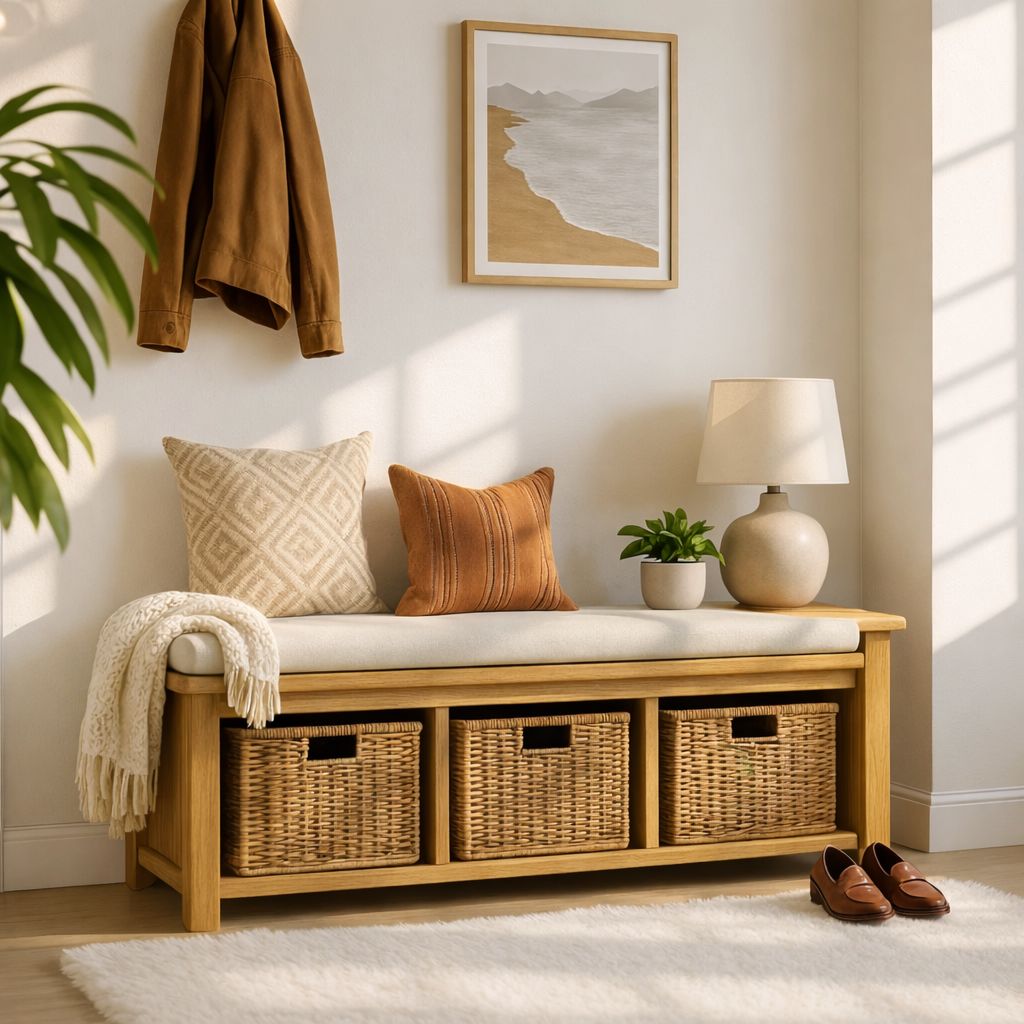 Solid Wood Entryway Bench with Woven Basket Storage, Rustic Hallway Organizer - view 5 of 7