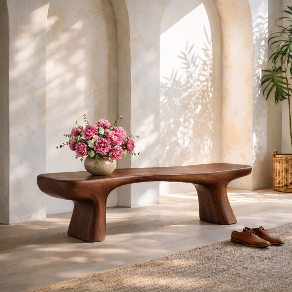 Modern Sculptural Black Wood Bench, Minimalist Statement Seating - view 6 of 7