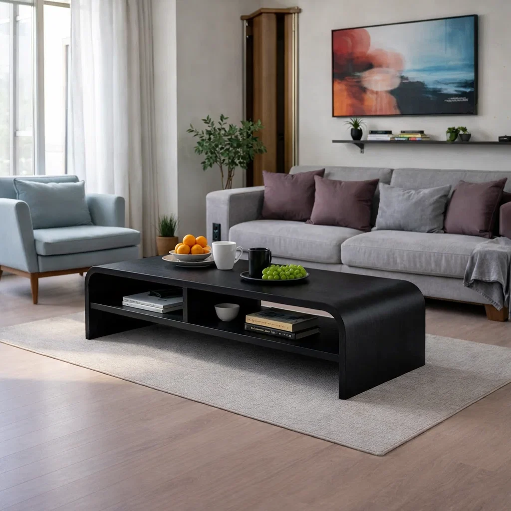 Solid Wood Waterfall Coffee Table with Open Shelf – Modern Minimalist Living Room Table - view 2 of 7