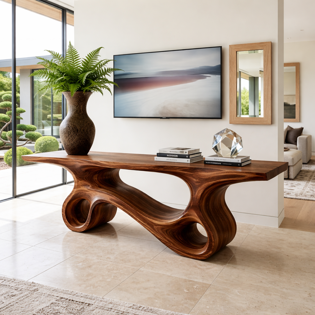 Solid Wood Console Table with Sculpted Curved Design, Modern Minimalist Furniture - view 2 of 7