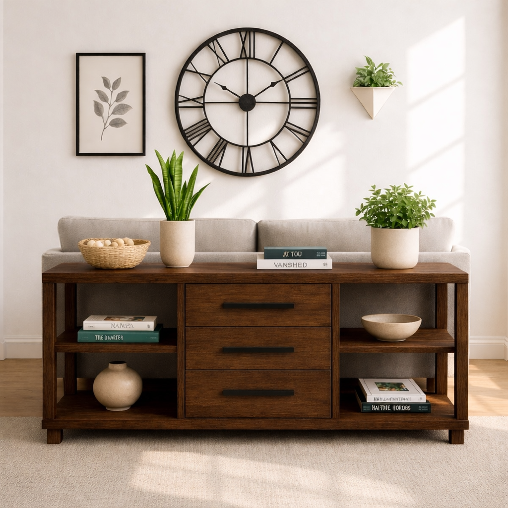 Solid Wood Console Table with Drawers and Shelves, Modern Walnut Entryway Sofa Table Storage Cabinet - view 5 of 7