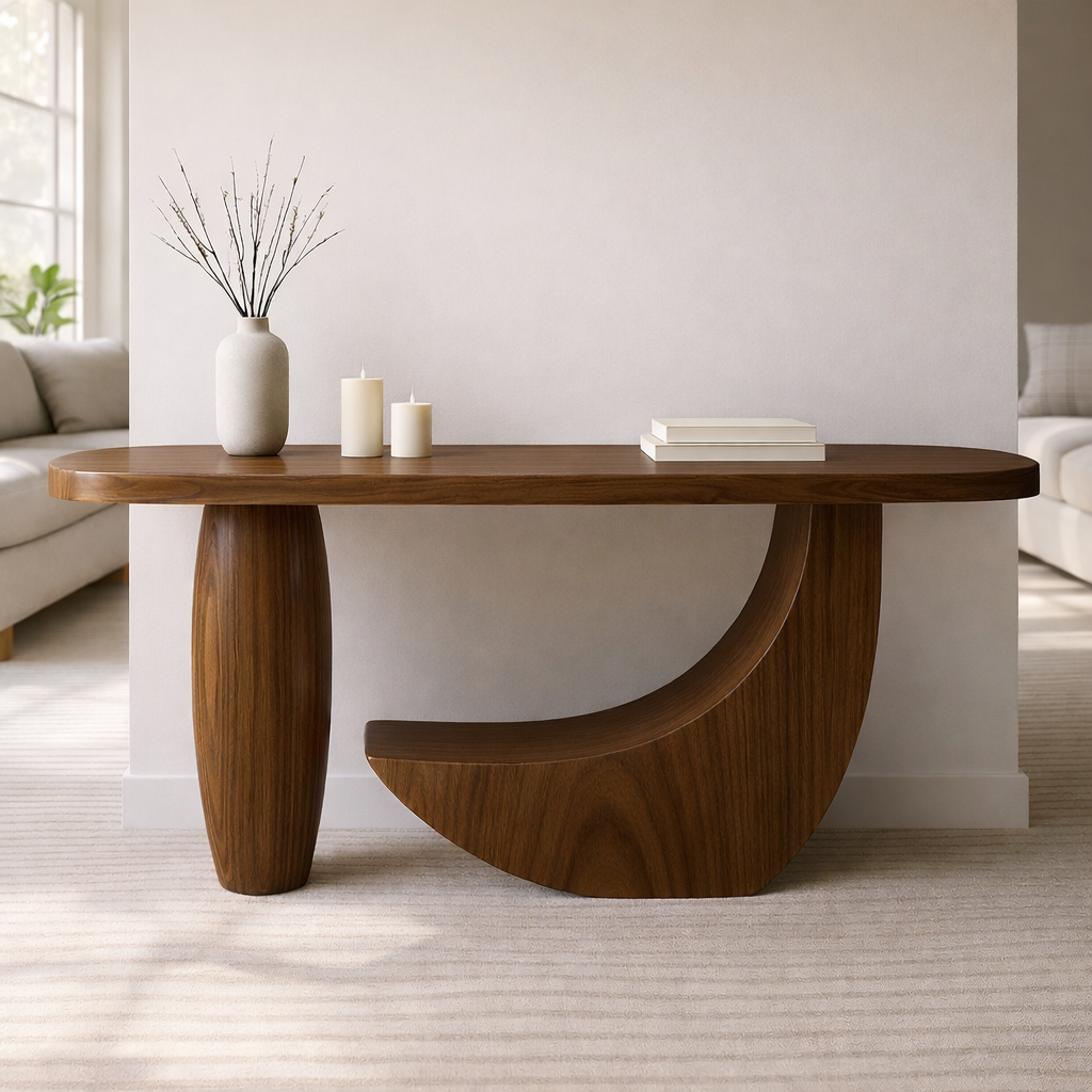Modern Solid Wood Console Table, Sculptural Curved Base Entryway Hallway Statement Furniture - view 6 of 7