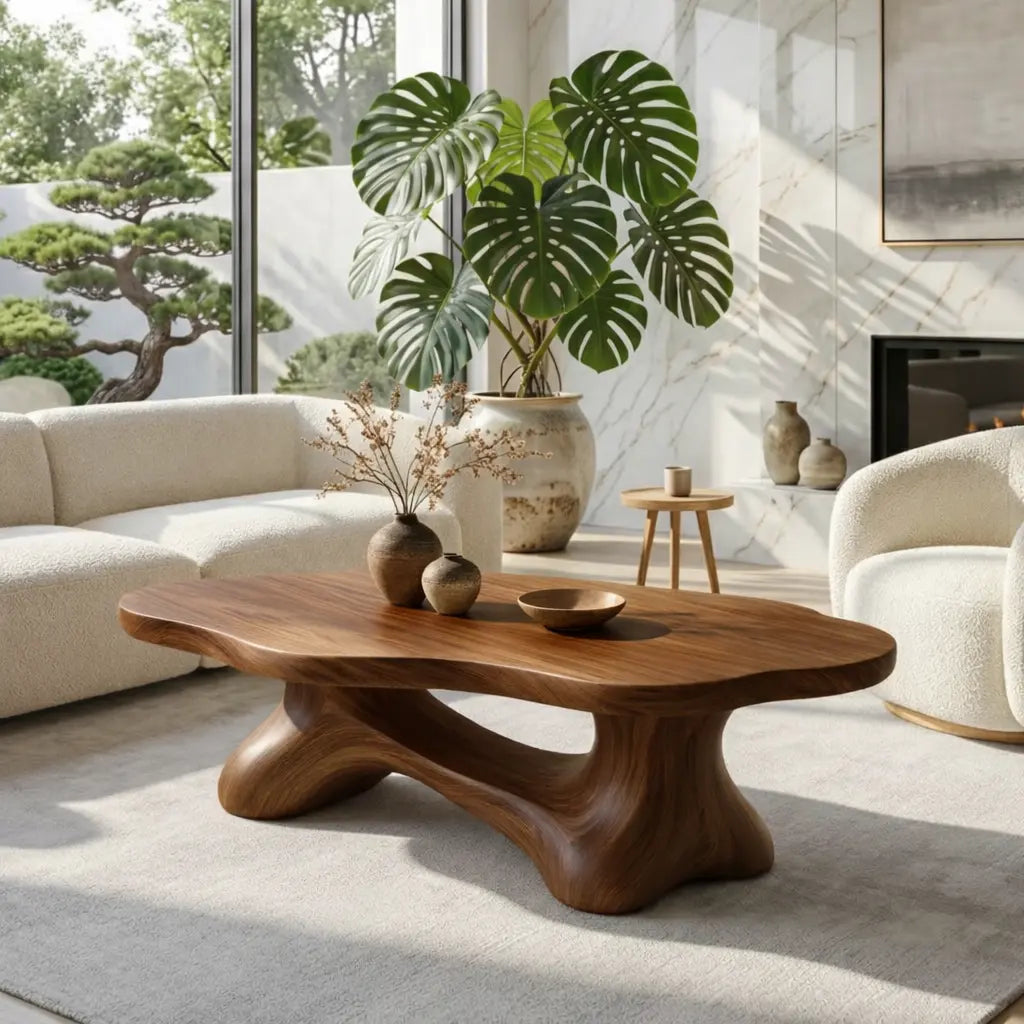 Solid Wood Sculptural Coffee Table with Organic Carved Base, Modern Designer Living Room Table - view 2 of 7