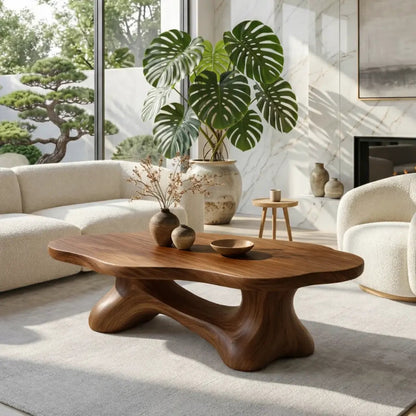 Solid Wood Sculptural Coffee Table with Organic Carved Base, Modern Designer Living Room Table - view 2 of 7