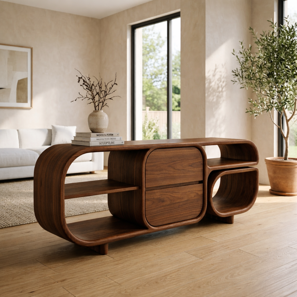 Mid-Century Modern Walnut Console Table - Curved Wood TV Stand with Open Shelving - view 2 of 7