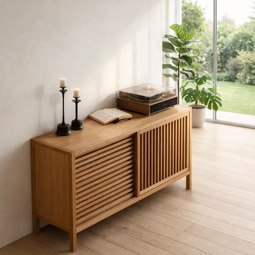 Slatted Sliding Door Sideboard Cabinet – Modern Minimalist Storage Console - view 1 of 7