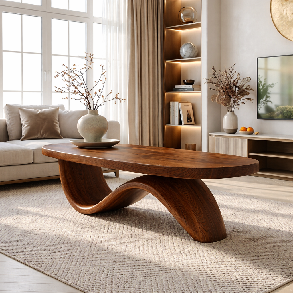Elegant Wooden Coffee Table with Curved Wavy Design - view 3 of 7