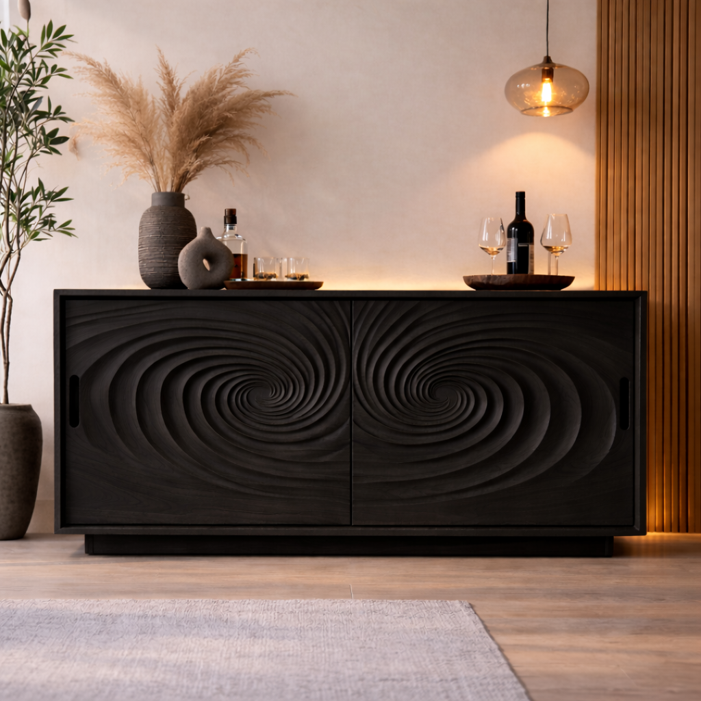 Solid Walnut Console Table with Carved Spiral Doors – Modern Wooden Sideboard - view 4 of 7