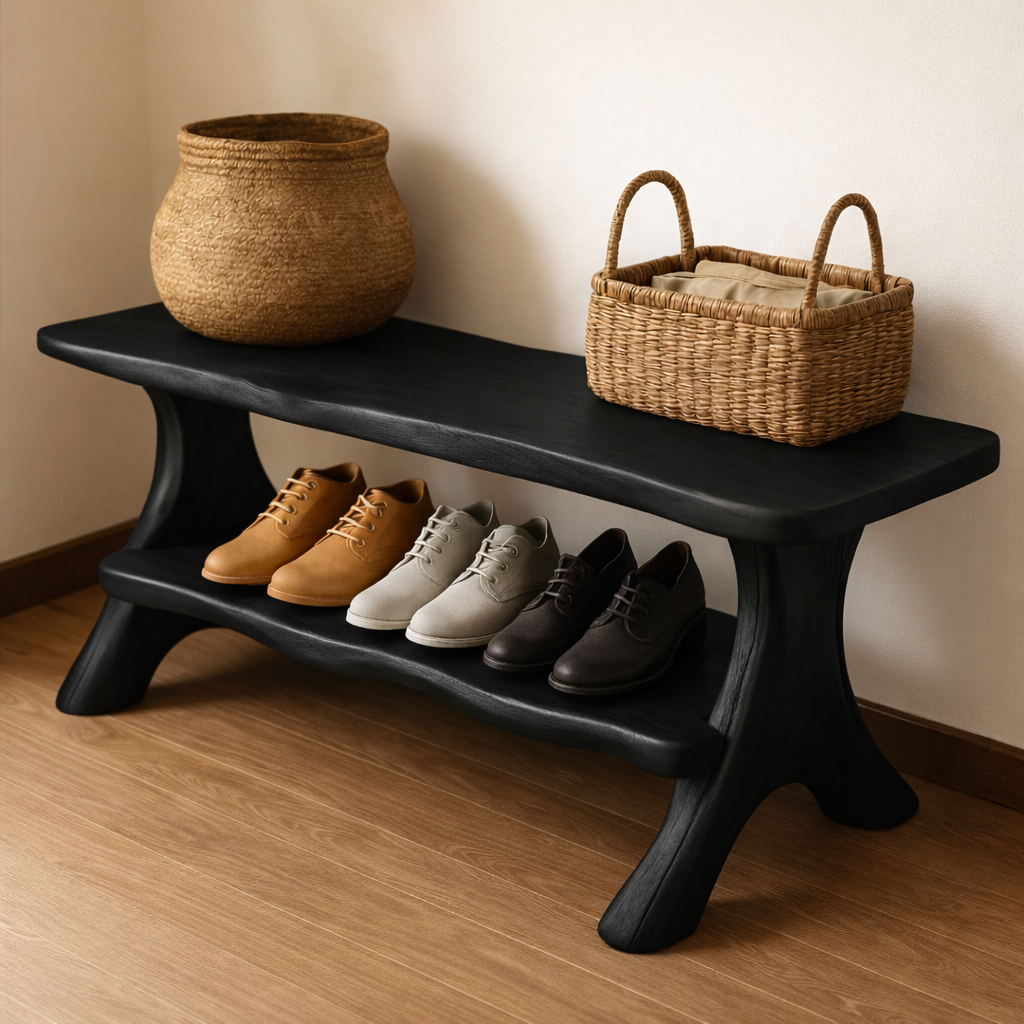 Rustic Solid Wood Shoe Storage Bench – Entryway Wooden Bench with Open Shelf - view 4 of 7