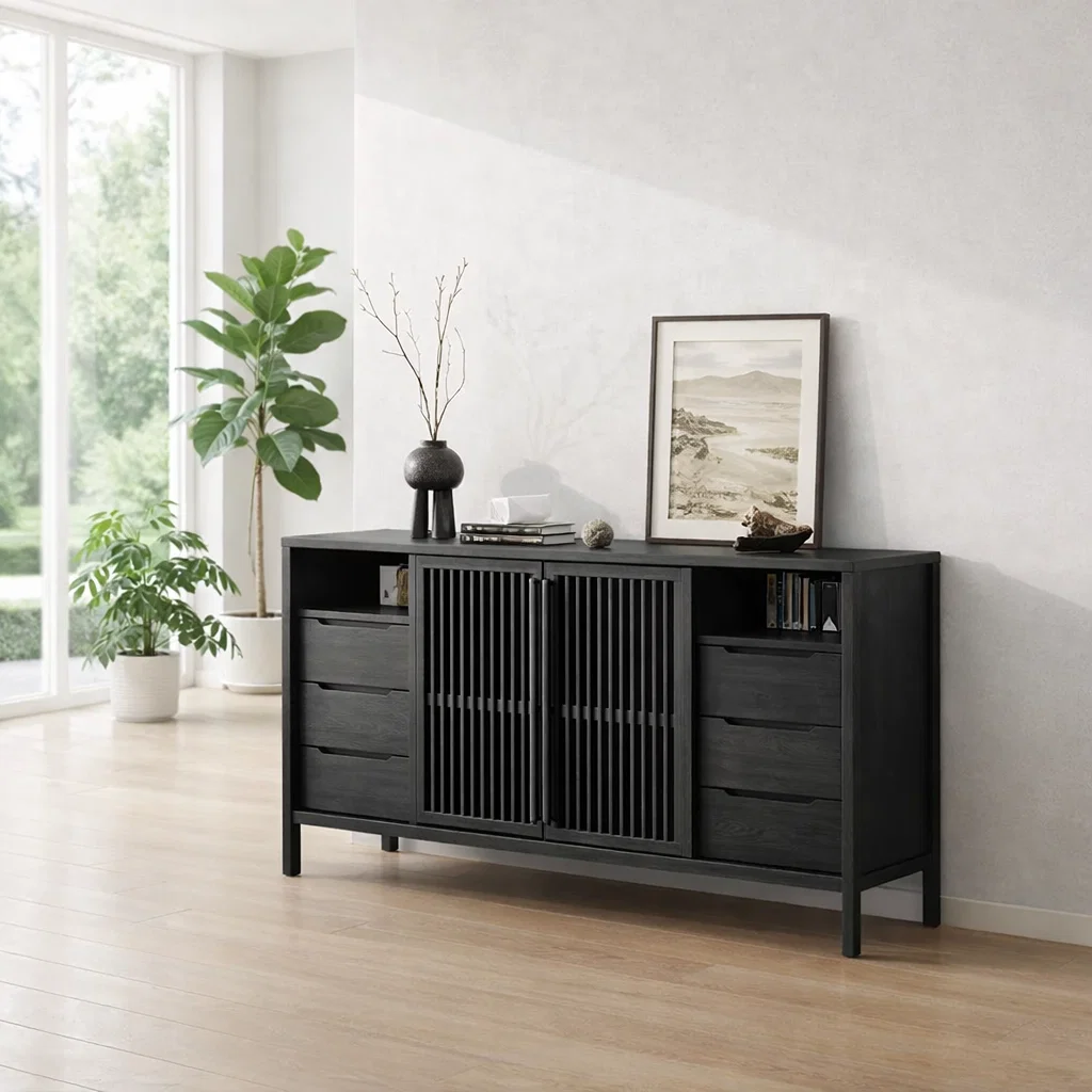 Large Sideboard Cabinet with Slatted Doors and Drawers – Modern Storage Console - view 4 of 7