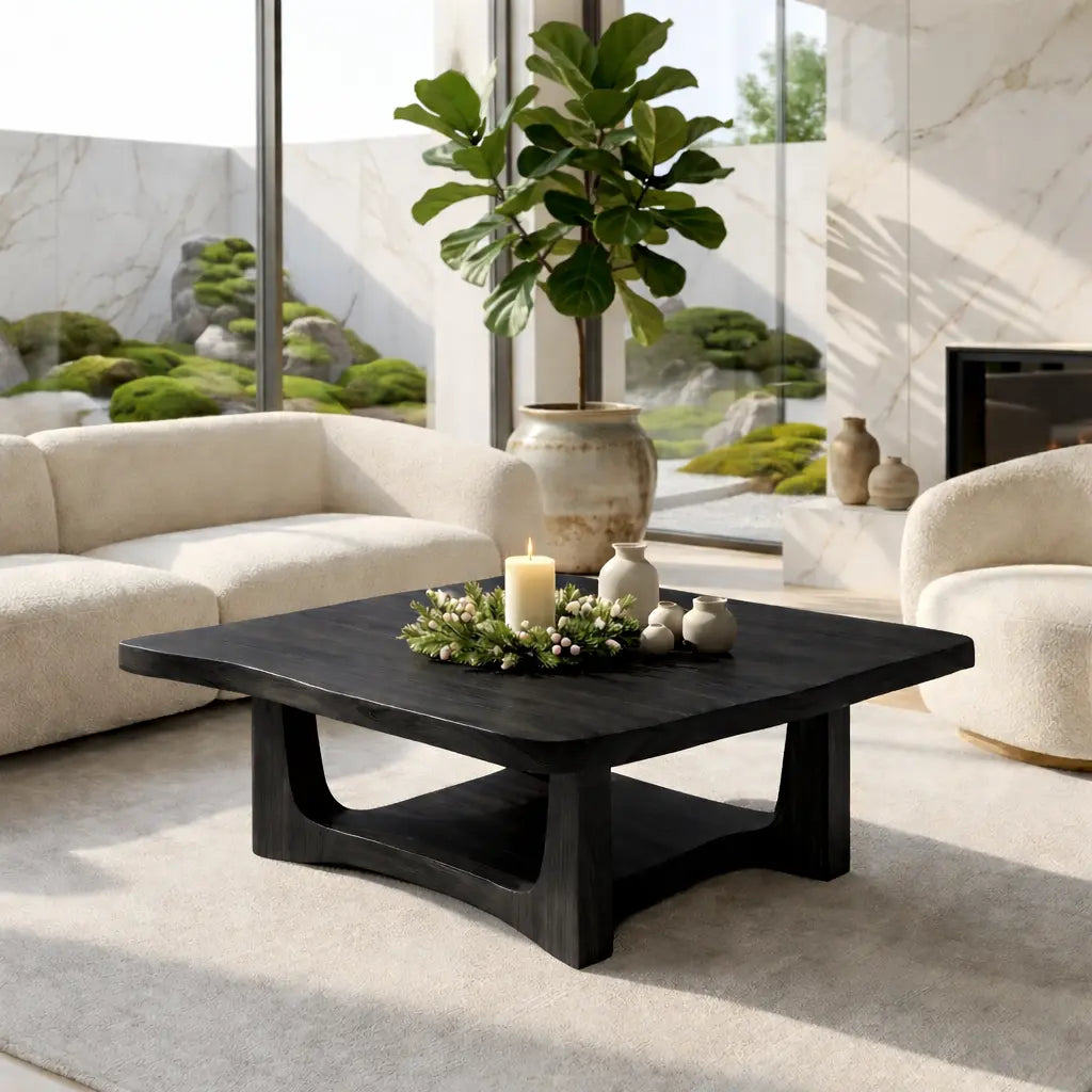 Solid Oak Coffee Table with Curved Edges and Open Base, Modern Japanese Style Living Room Table - view 4 of 7