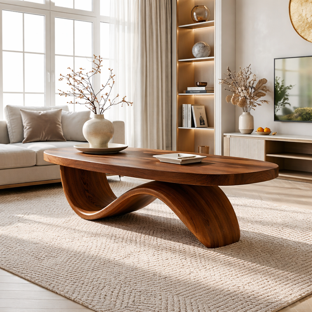Elegant Wooden Coffee Table with Curved Wavy Design - view 2 of 7