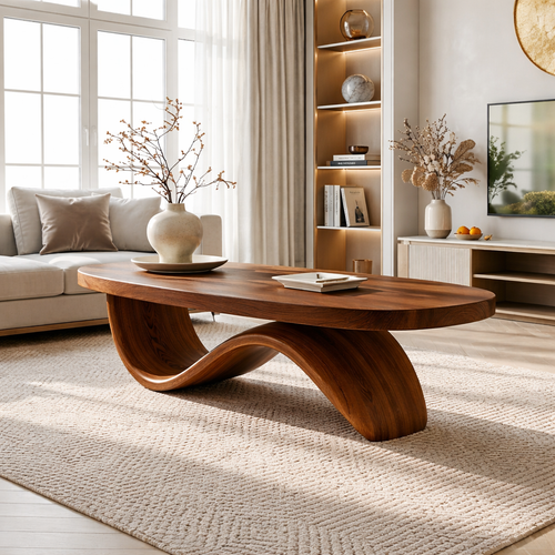 Elegant Wooden Coffee Table with Curved Wavy Design - view 2 of 7