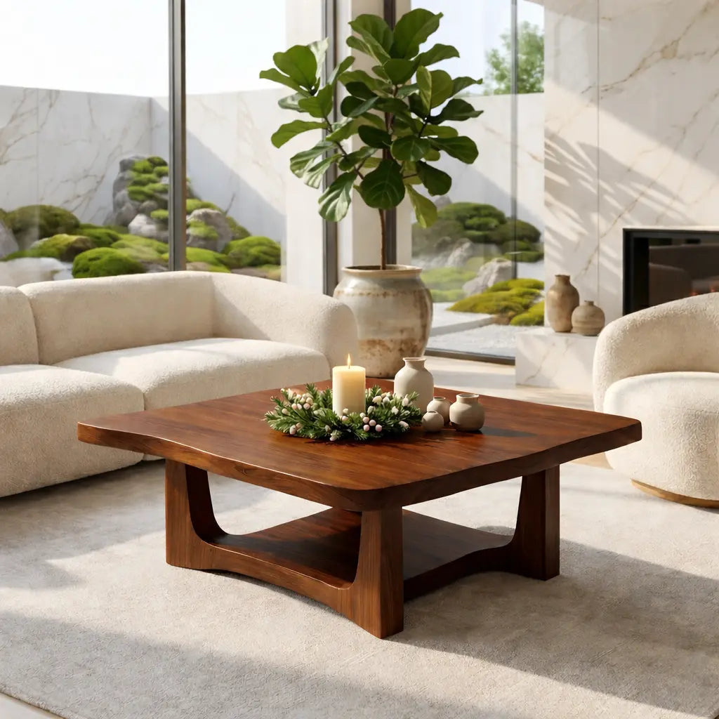 Solid Oak Coffee Table with Curved Edges and Open Base, Modern Japanese Style Living Room Table - view 3 of 7