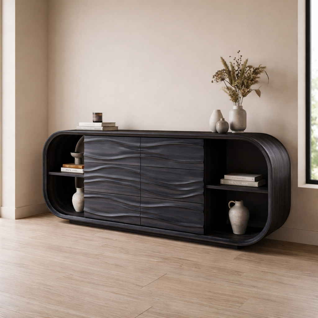 Wave Carved Walnut Console Cabinet - Curved Sideboard with Organic Textures - view 4 of 7