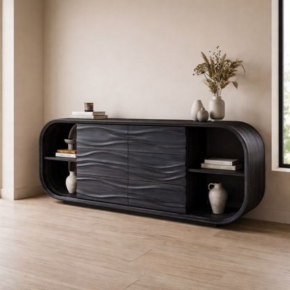 Wave Carved Walnut Console Cabinet - Curved Sideboard with Organic Textures - view 4 of 7