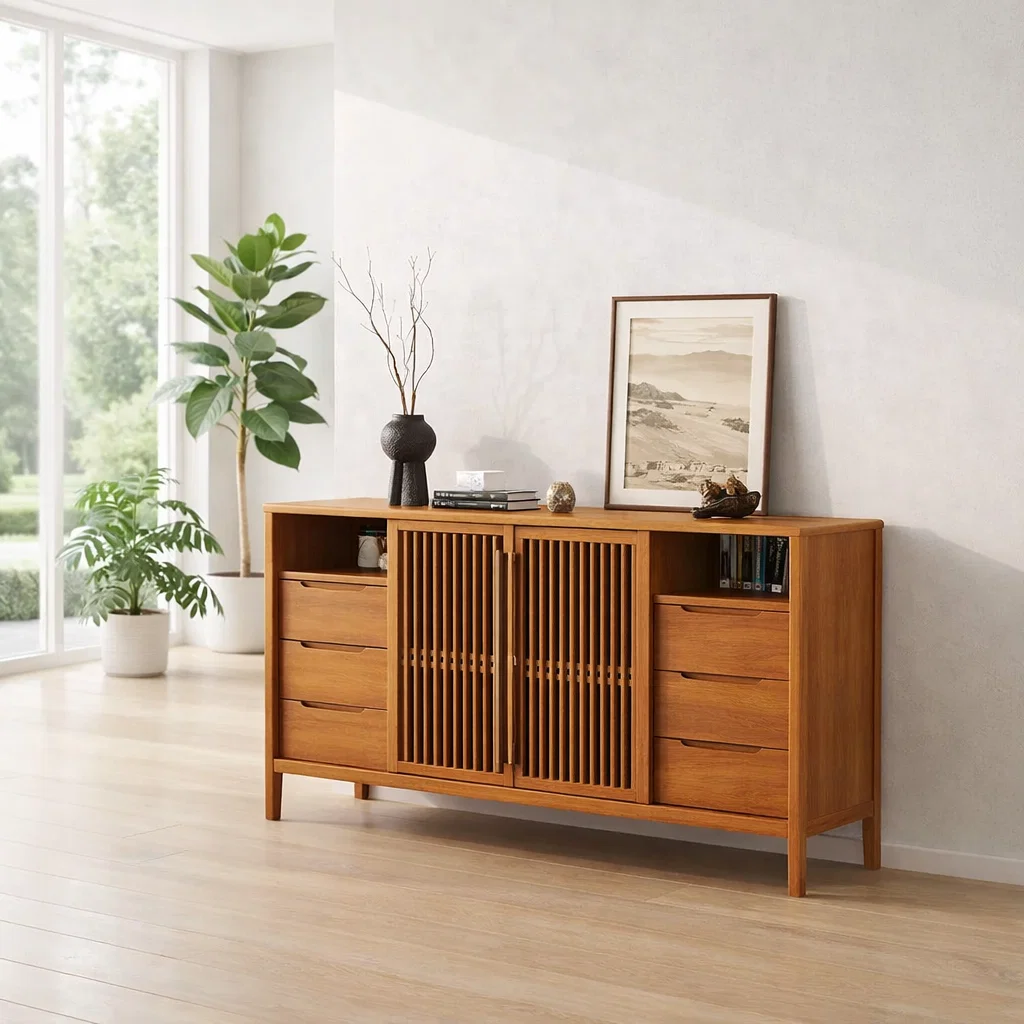 Large Sideboard Cabinet with Slatted Doors and Drawers – Modern Storage Console - view 3 of 7