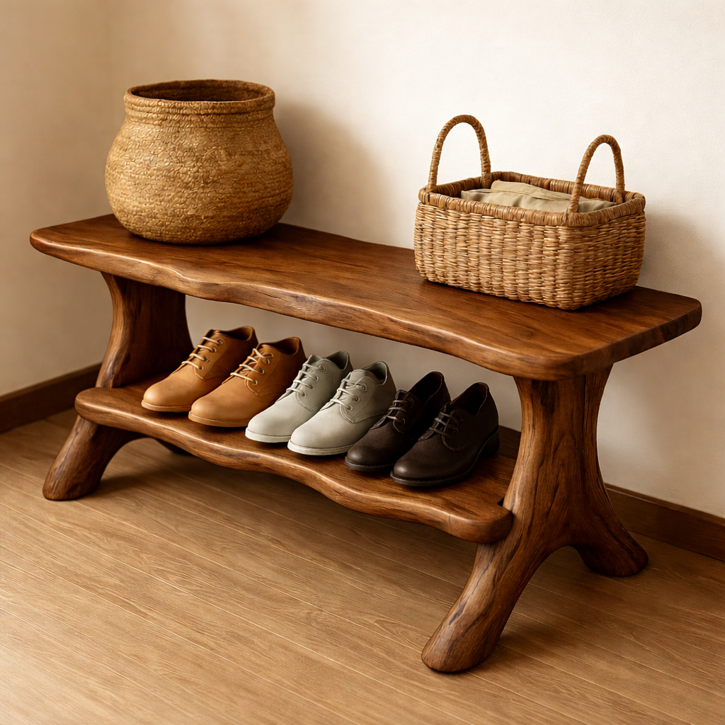 Rustic Solid Wood Shoe Storage Bench – Entryway Wooden Bench with Open Shelf - view 3 of 7