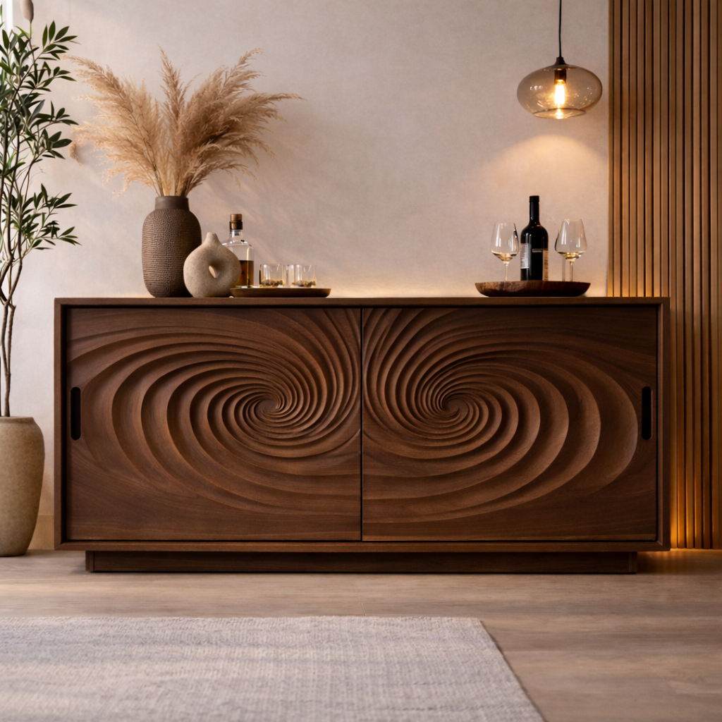 Solid Walnut Console Table with Carved Spiral Doors – Modern Wooden Sideboard - view 2 of 7