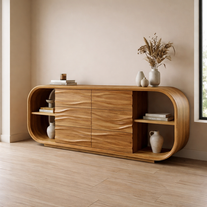 Wave Carved Walnut Console Cabinet - Curved Sideboard with Organic Textures - view 3 of 7