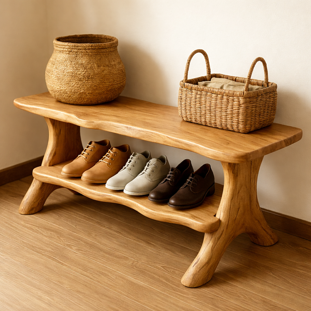 Rustic Solid Wood Shoe Storage Bench – Entryway Wooden Bench with Open Shelf - view 1 of 7