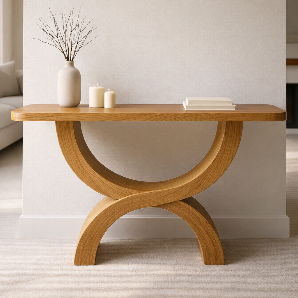 Modern Solid Wood Console Table, Sculptural Arch Base Entryway Hallway Statement Furniture - view 1 of 7