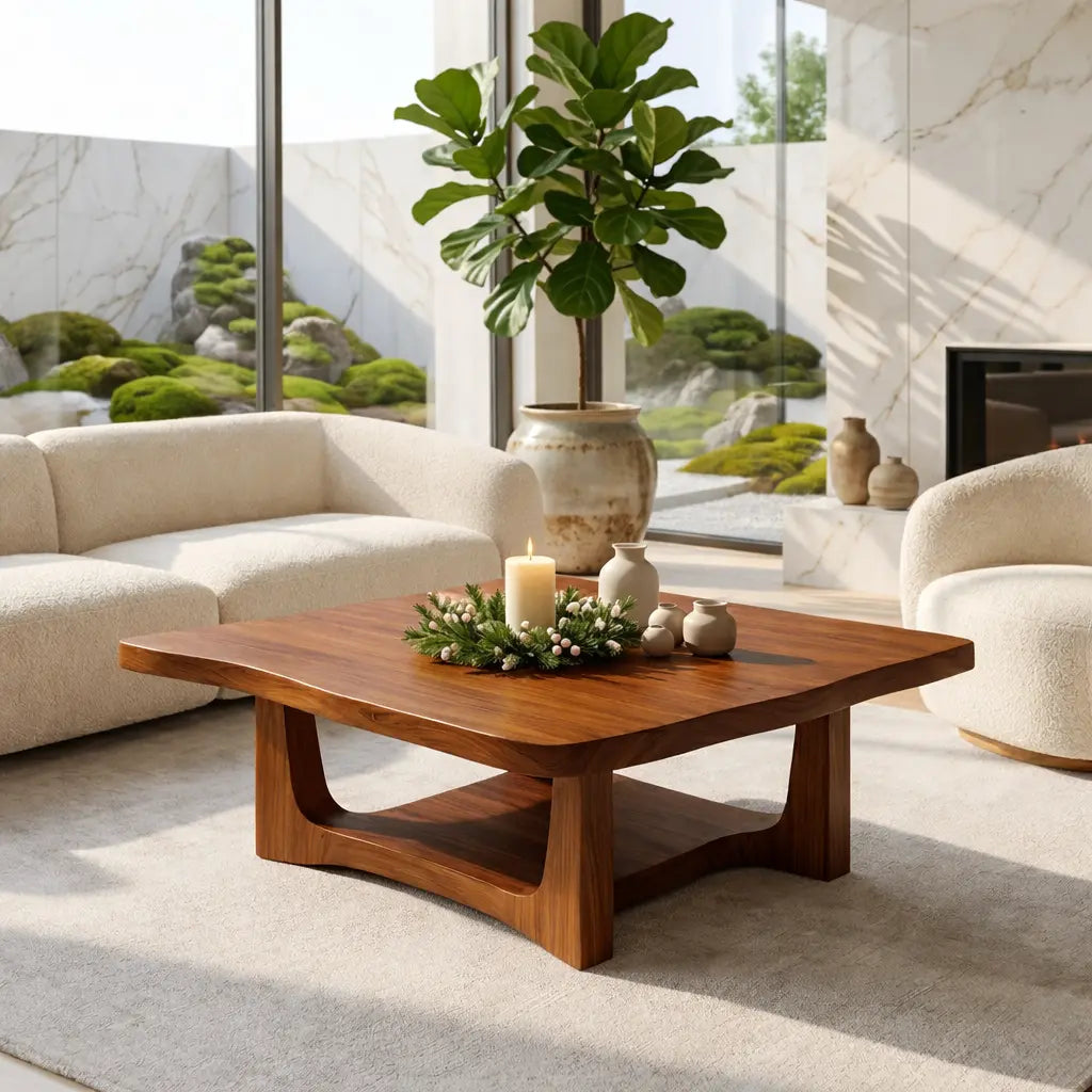 Solid Oak Coffee Table with Curved Edges and Open Base, Modern Japanese Style Living Room Table - view 2 of 7