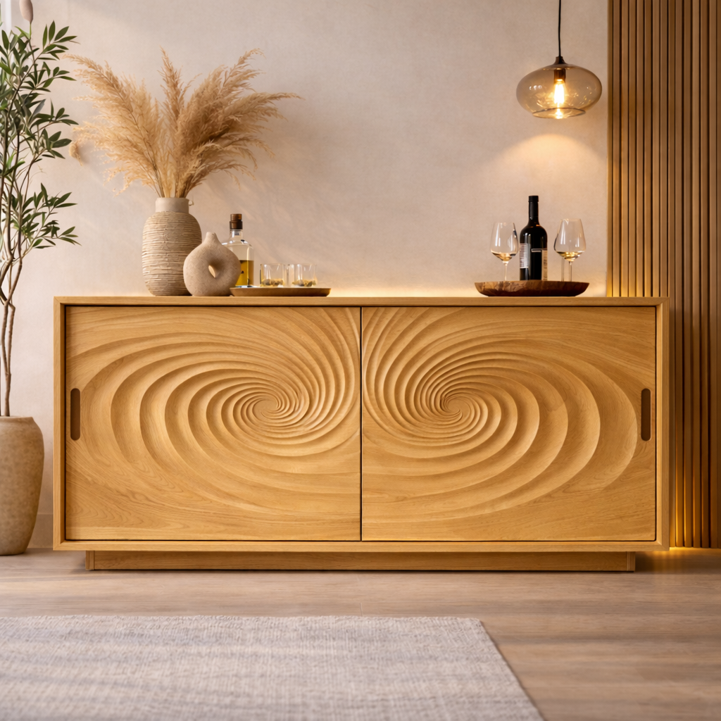 Solid Walnut Console Table with Carved Spiral Doors – Modern Wooden Sideboard - view 1 of 7