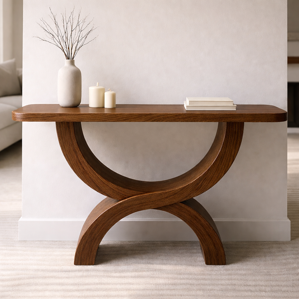 Modern Solid Wood Console Table, Sculptural Arch Base Entryway Hallway Statement Furniture - view 6 of 7