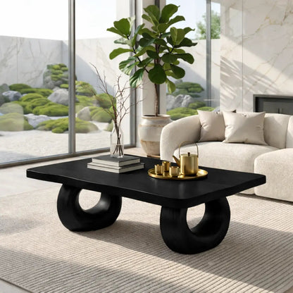 Solid Wood Sculptural Coffee Table with Round Carved Base, Modern Designer Living Room Table - view 4 of 7