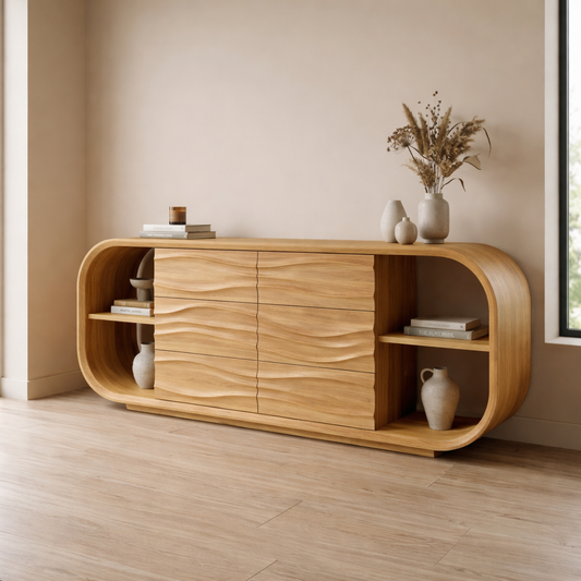 Wave Carved Walnut Console Cabinet - Curved Sideboard with Organic Textures - view 1 of 7