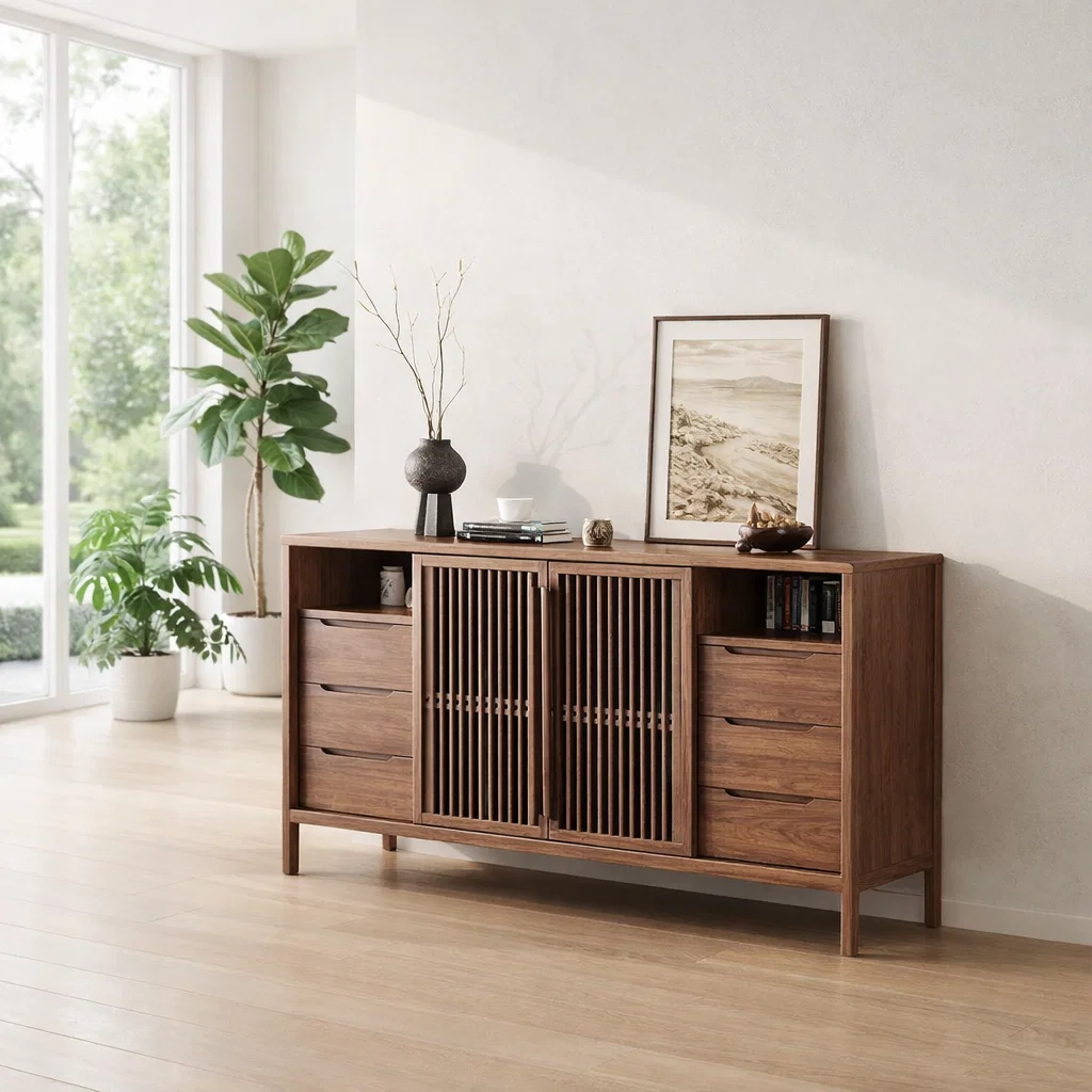 Large Sideboard Cabinet with Slatted Doors and Drawers – Modern Storage Console - view 2 of 7