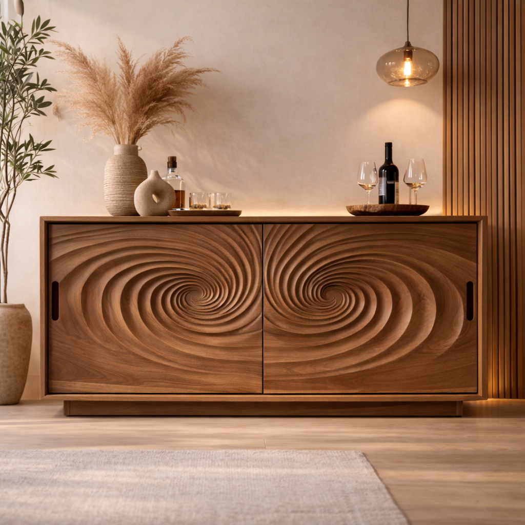 Solid Walnut Console Table with Carved Spiral Doors – Modern Wooden Sideboard - view 3 of 7