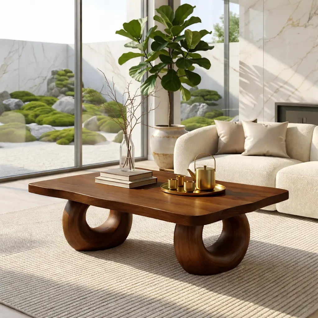Solid Wood Sculptural Coffee Table with Round Carved Base, Modern Designer Living Room Table - view 3 of 7