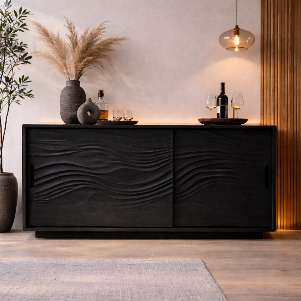 Solid Wood Console Table with Carved Wave Doors – Modern Walnut Sideboard Cabinet - view 4 of 7