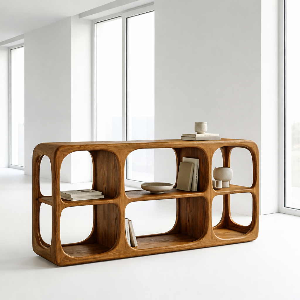 Minimalist Light Oak Console Cabinet - Sculptural Open Shelf Sideboard - view 3 of 7