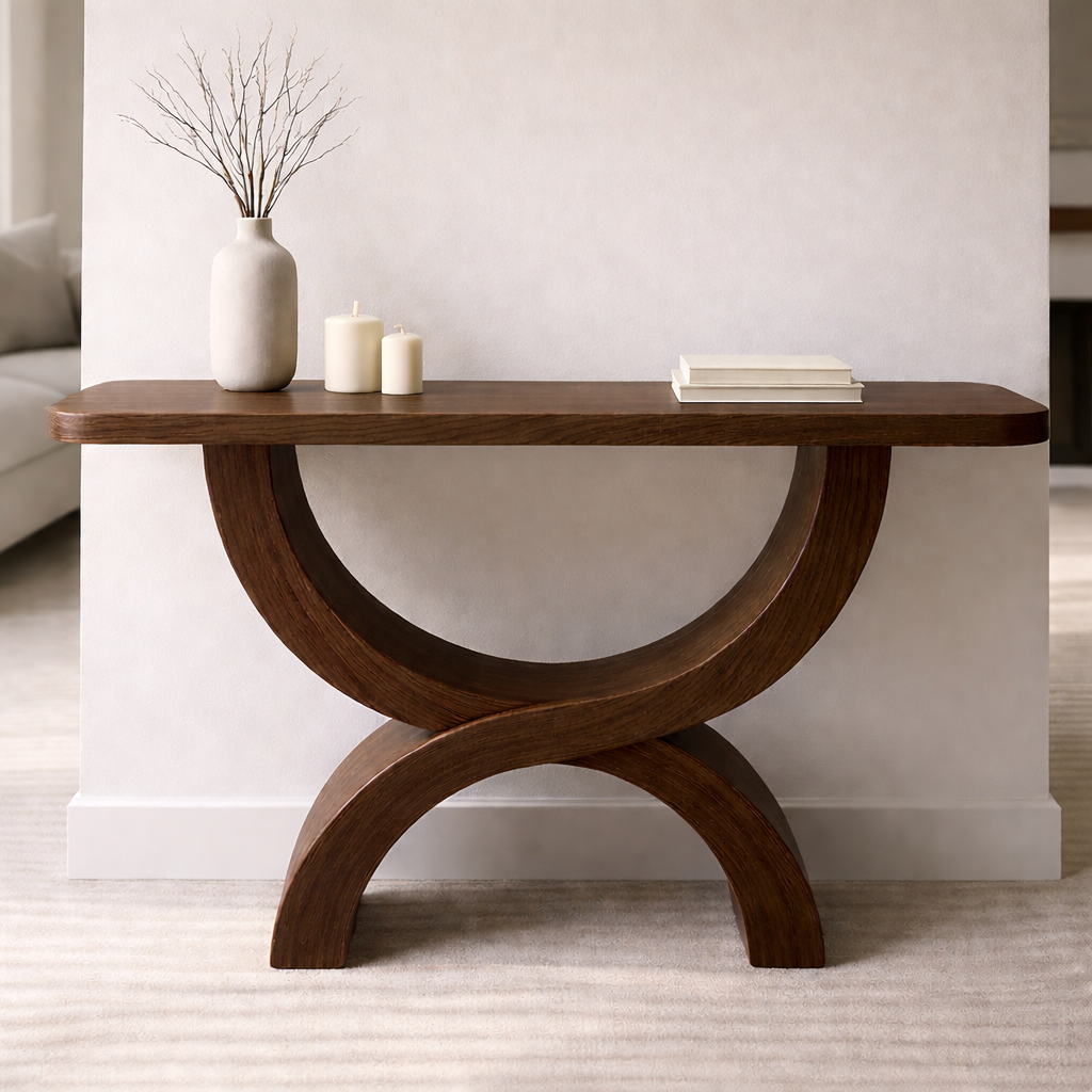 Modern Solid Wood Console Table, Sculptural Arch Base Entryway Hallway Statement Furniture - view 5 of 7