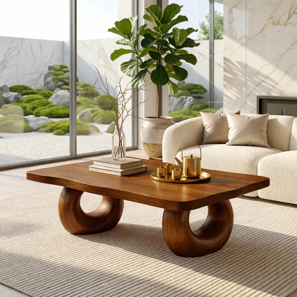 Solid Wood Sculptural Coffee Table with Round Carved Base, Modern Designer Living Room Table - view 2 of 7