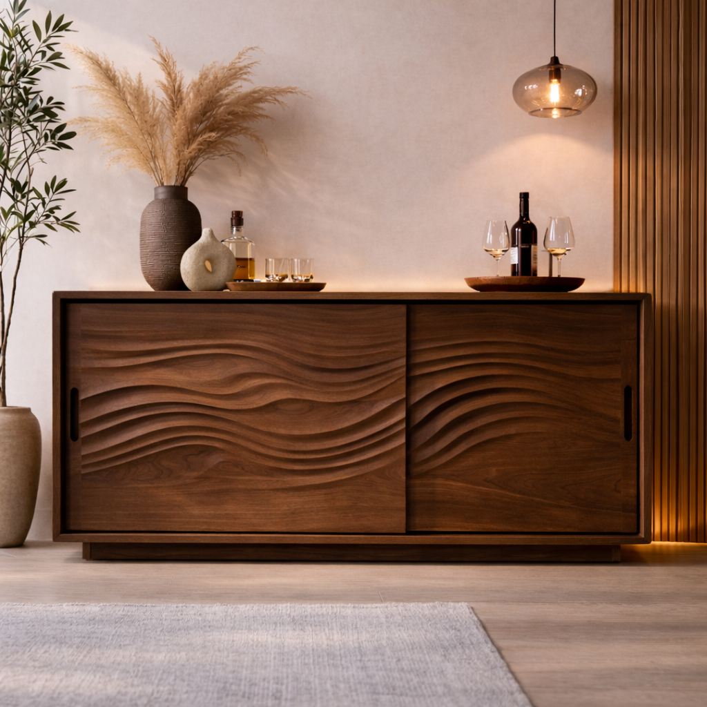 Solid Wood Console Table with Carved Wave Doors – Modern Walnut Sideboard Cabinet - view 2 of 7