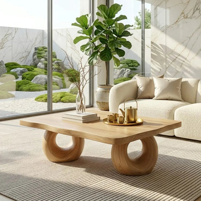 Solid Wood Sculptural Coffee Table with Round Carved Base, Modern Designer Living Room Table - view 1 of 7