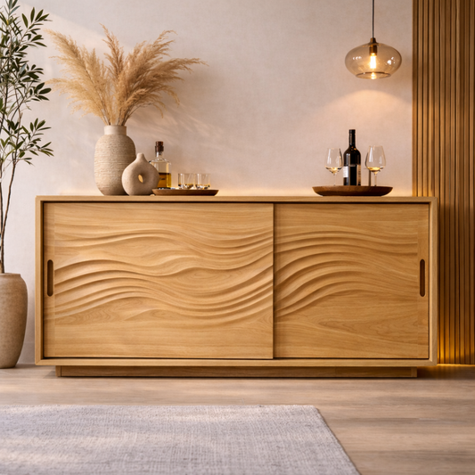 Solid Wood Console Table with Carved Wave Doors – Modern Walnut Sideboard Cabinet - view 1 of 7