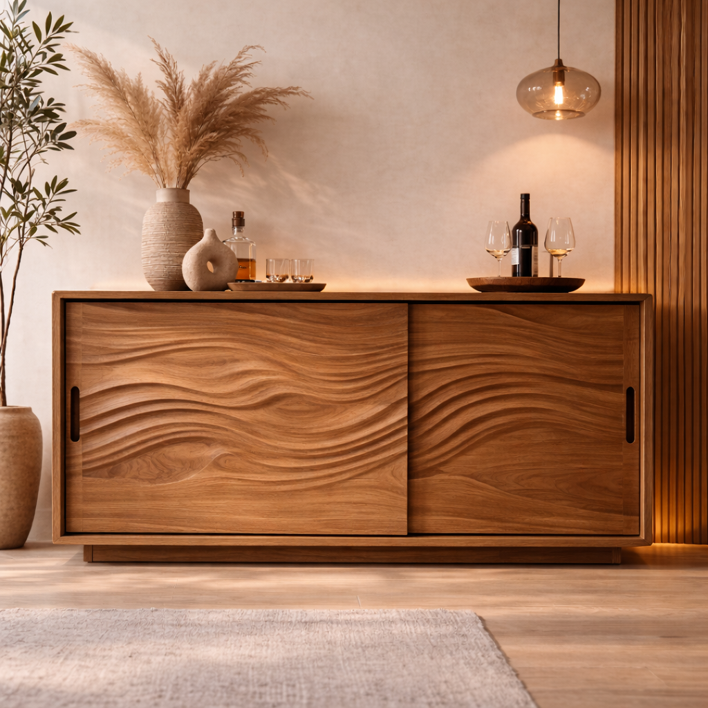 Solid Wood Console Table with Carved Wave Doors – Modern Walnut Sideboard Cabinet - view 3 of 7