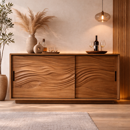 Solid Wood Console Table with Carved Wave Doors – Modern Walnut Sideboard Cabinet - view 3 of 7