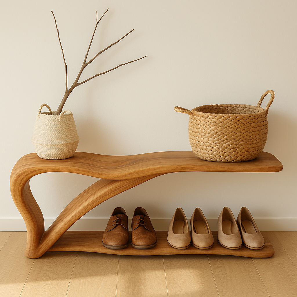 Sculptural Wooden Shoe Storage Bench – Solid Wood Entryway Bench with Shelf - view 1 of 7