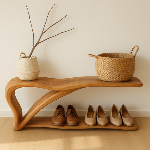 Sculptural Wooden Shoe Storage Bench – Solid Wood Entryway Bench with Shelf - view 1 of 7