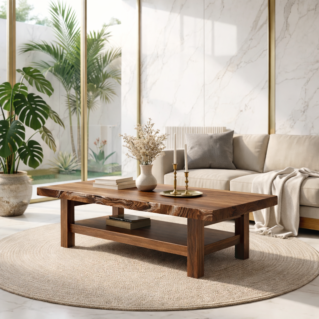 Handcrafted Solid Wood Coffee Table with Open Shelf and Natural Finish - view 3 of 7