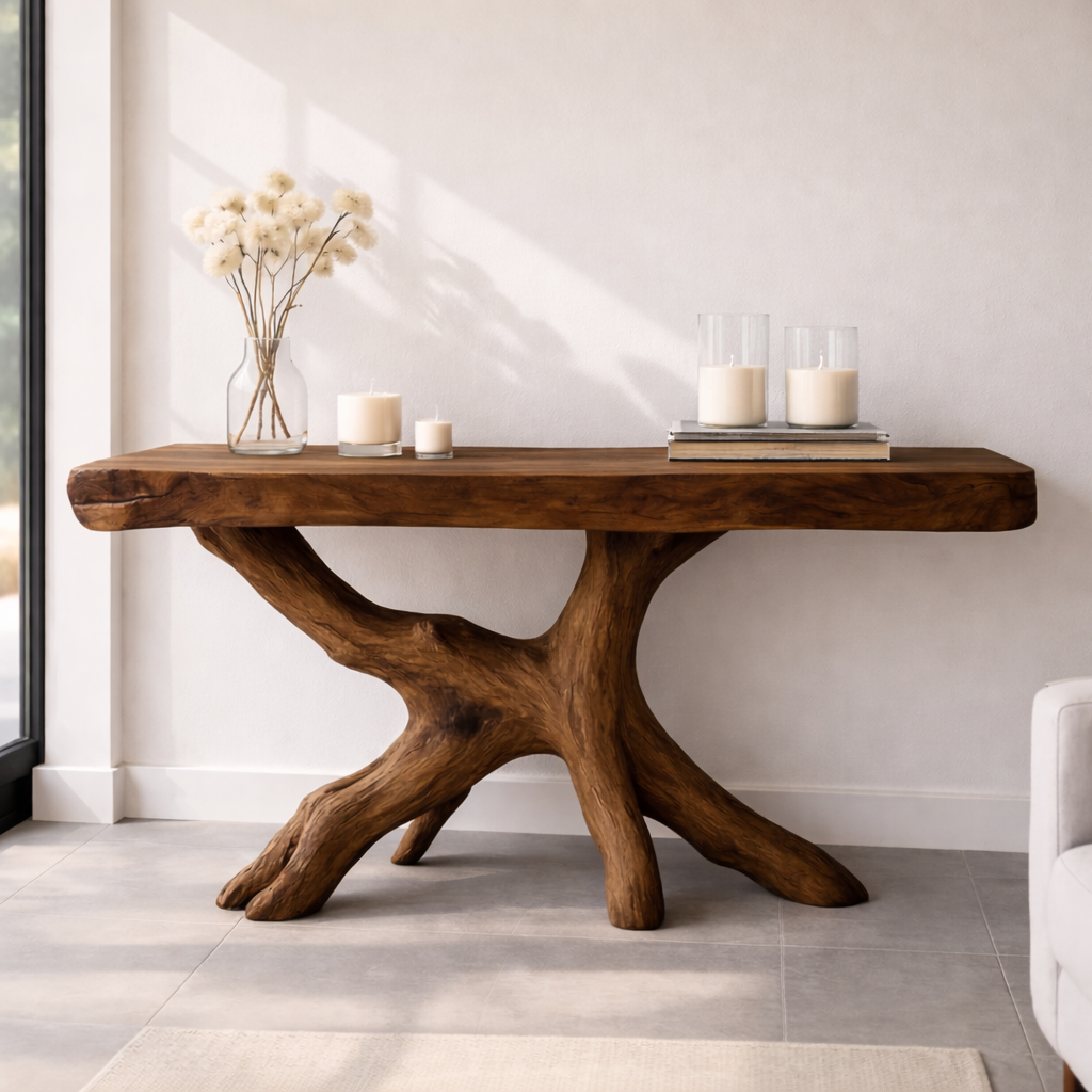 Rustic Solid Wood Console Table, Natural Tree Root Base Entryway Hallway Statement Furniture - view 6 of 7