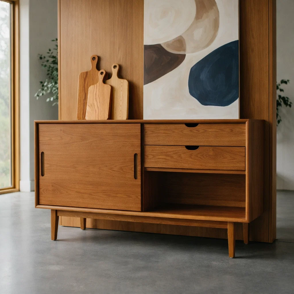 Mid Century Solid Wood Console Cabinet with Sliding Door and Drawers - view 3 of 7